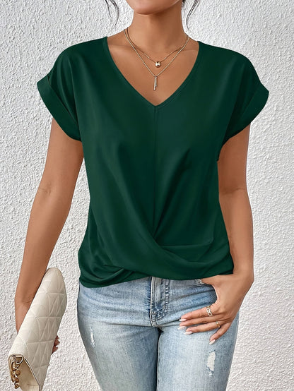 Women's Short Sleeve Blouse with V-Neck and Twist Detail