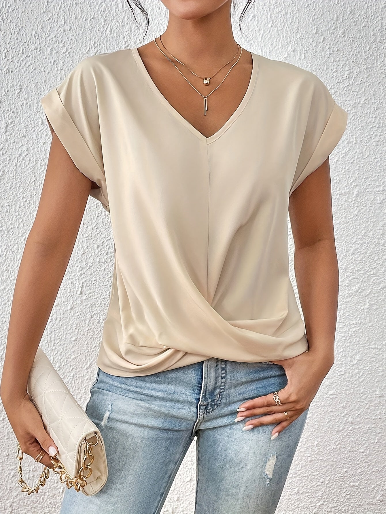 Women's Short Sleeve Blouse with V-Neck and Twist Detail