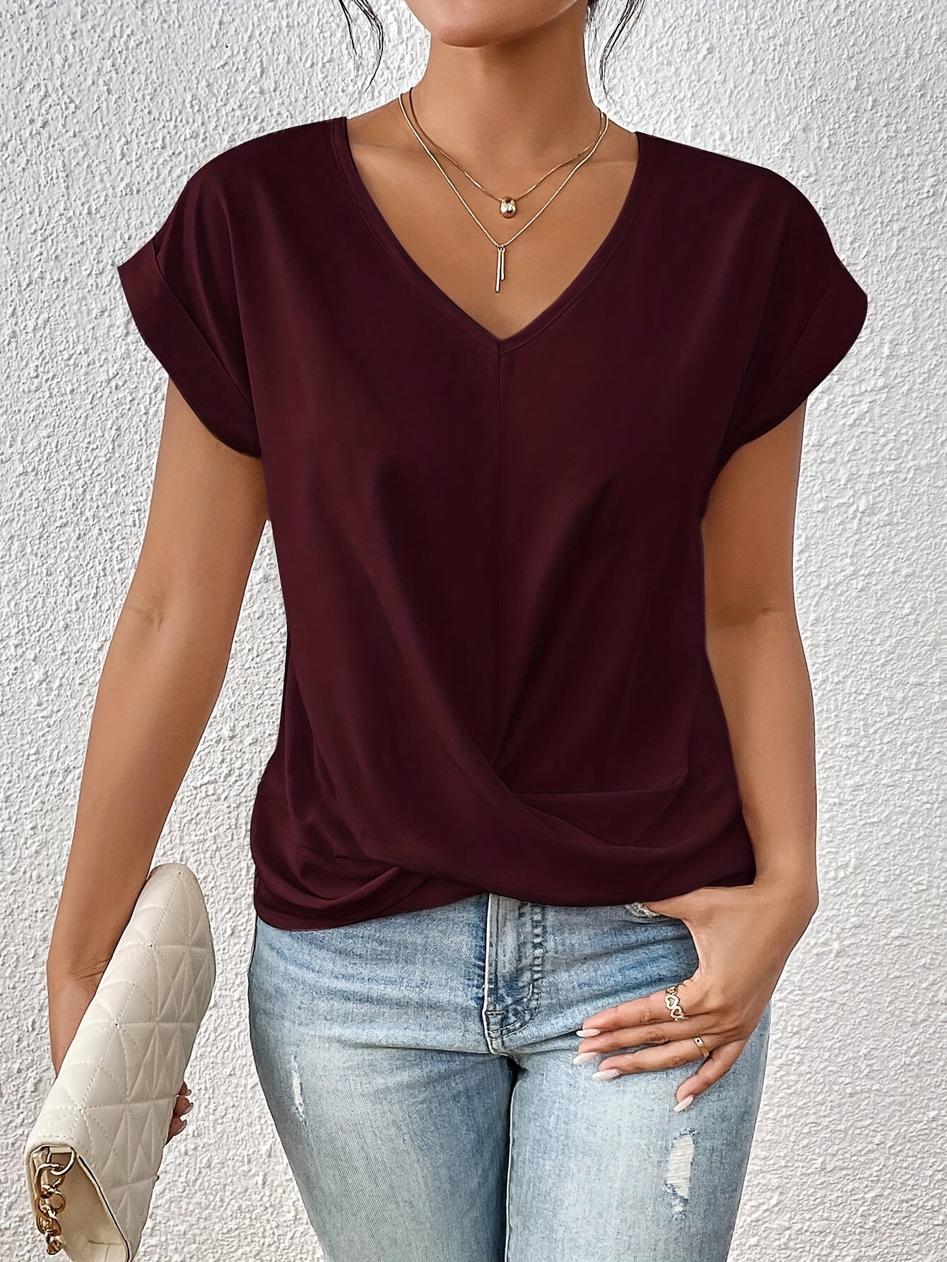 Women's Short Sleeve Blouse with V-Neck and Twist Detail