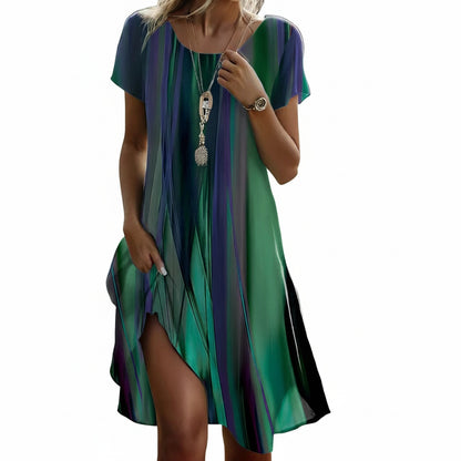 Women's Short Sleeve Round Neck Midi Dress with Abstract Stripe Print
