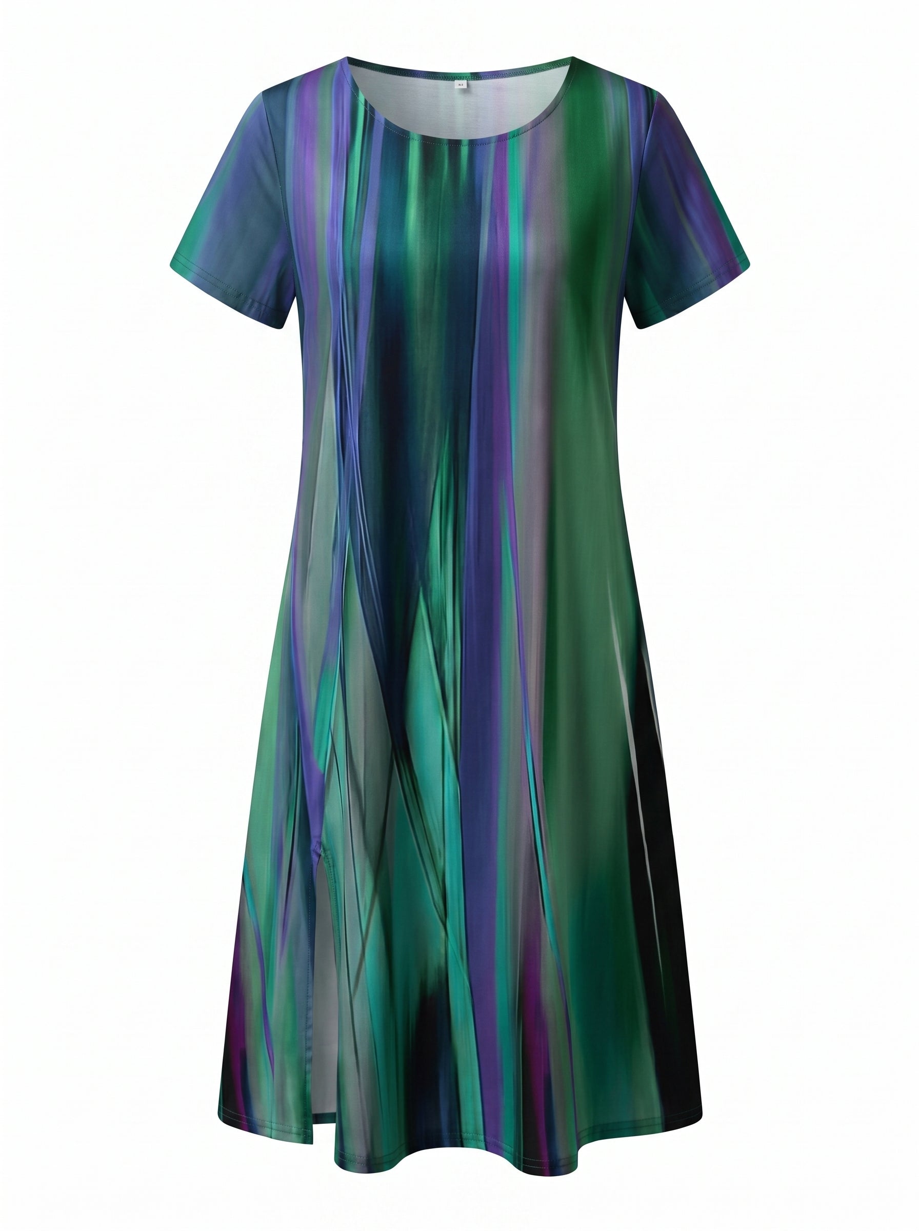 Women's Short Sleeve Round Neck Midi Dress with Abstract Stripe Print