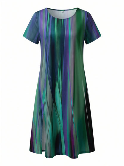 Women's Short Sleeve Round Neck Midi Dress with Abstract Stripe Print