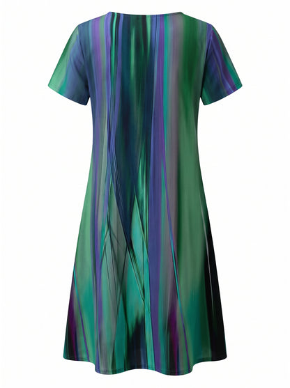 Women's Short Sleeve Round Neck Midi Dress with Abstract Stripe Print