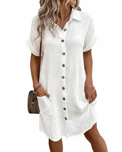 Women's Short Sleeve Shirt Dress with Button Closure and Pockets