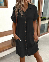 Women's Short Sleeve Shirt Dress with Button Closure and Pockets