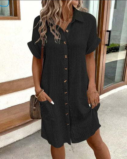 Women's Short Sleeve Shirt Dress with Button Closure and Pockets
