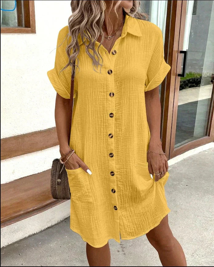 Women's Short Sleeve Shirt Dress with Button Closure and Pockets