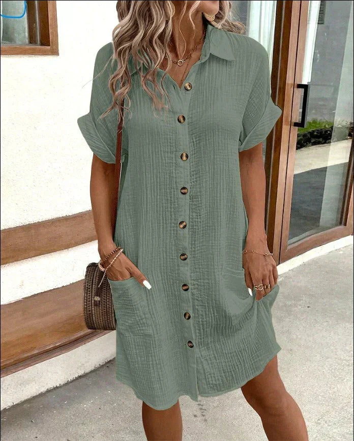 Women's Short Sleeve Shirt Dress with Button Closure and Pockets