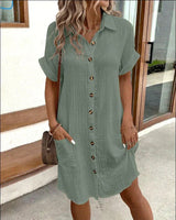 Women's Short Sleeve Shirt Dress with Button Closure and Pockets