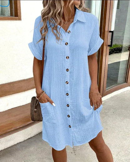 Women's Short Sleeve Shirt Dress with Button Closure and Pockets