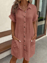 Women's Short Sleeve Shirt Dress with Button Closure and Pockets
