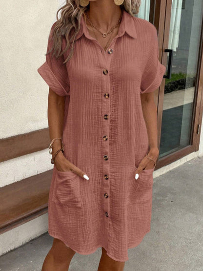 Women's Short Sleeve Shirt Dress with Button Closure and Pockets