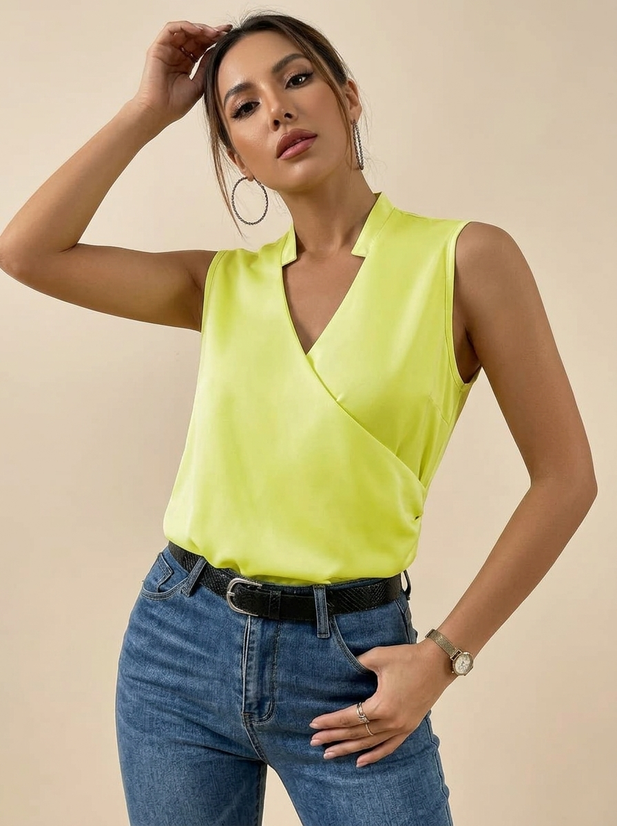 Women's Sleeveless Blouse with V-Neck and Wrap Front