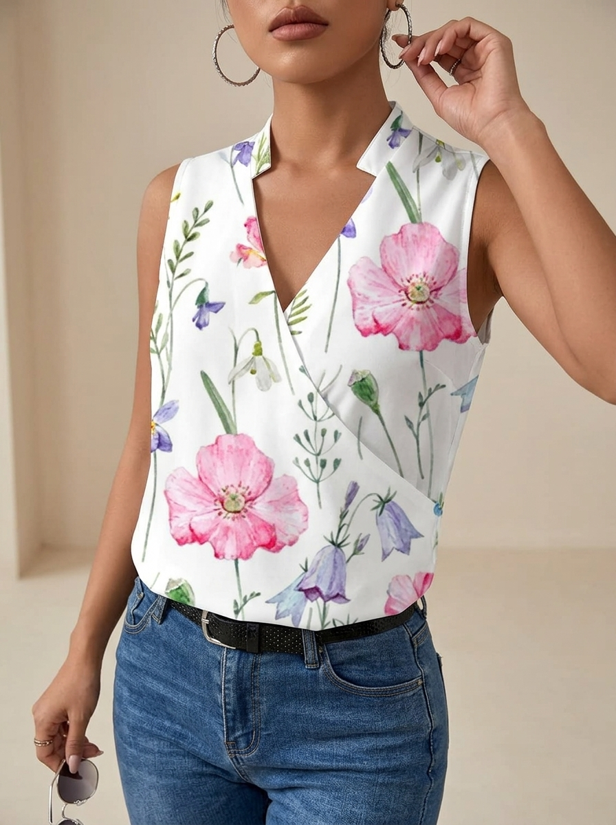 Women's Sleeveless Blouse with V-Neck and Wrap Front