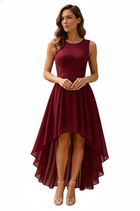 Women's Sleeveless Cocktail Dress with Lace Bodice and High-Low A-Line Skirt