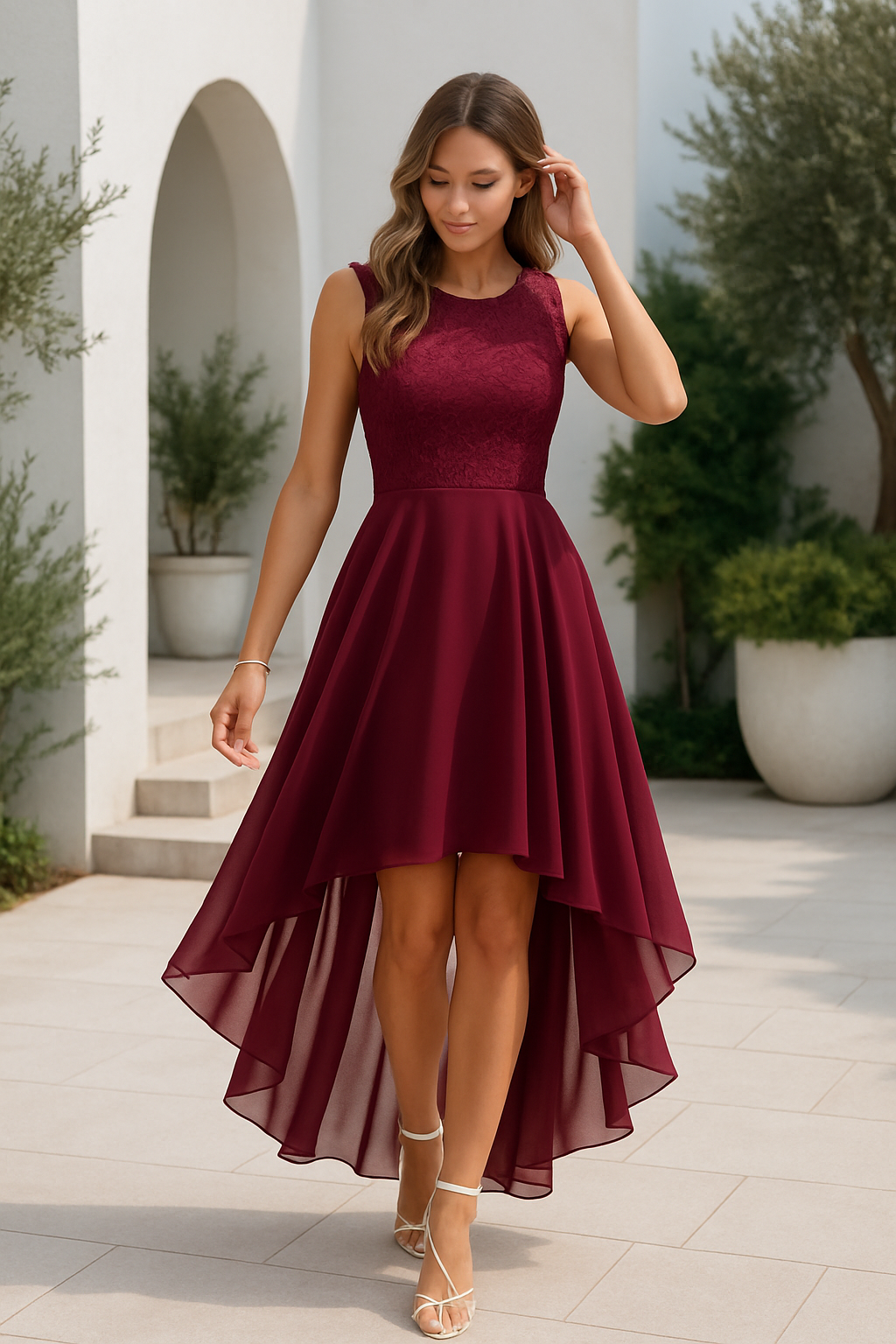 Women's Sleeveless Cocktail Dress with Lace Bodice and High-Low A-Line Skirt