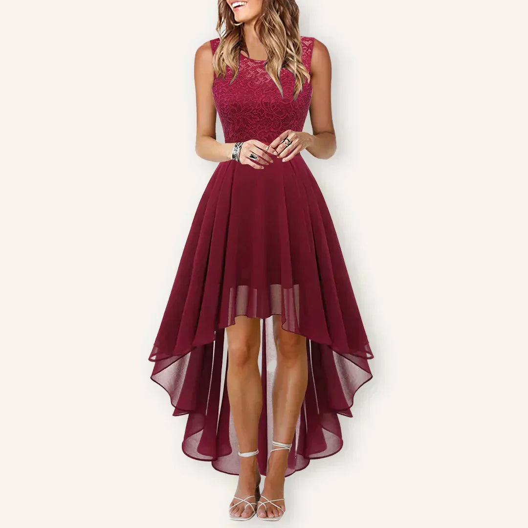 Women's Sleeveless Cocktail Dress with Lace Bodice and High-Low A-Line Skirt