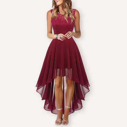 Women's Sleeveless Cocktail Dress with Lace Bodice and High-Low A-Line Skirt