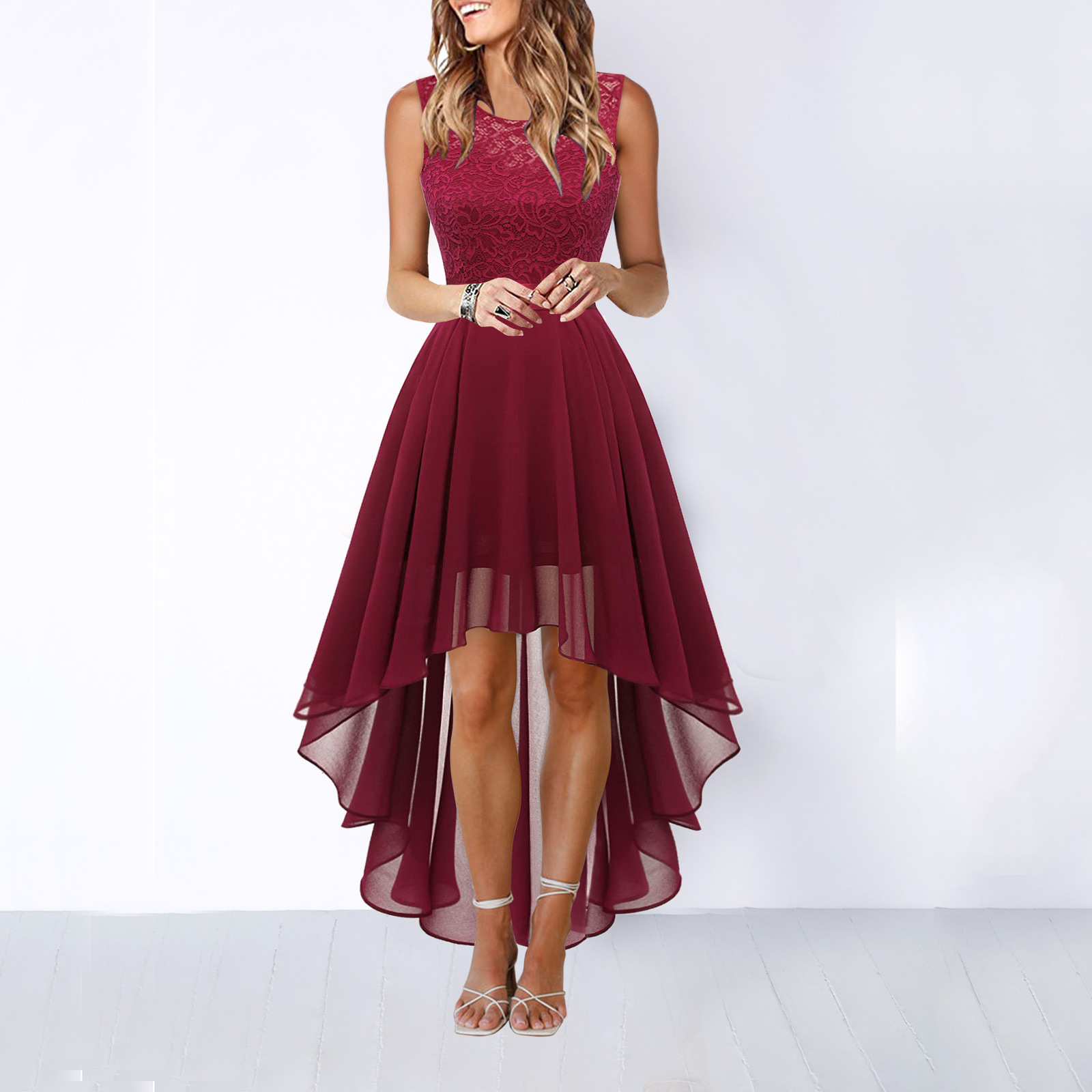 Women's Sleeveless Cocktail Dress with Lace Bodice and High-Low A-Line Skirt