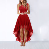 Women's Sleeveless Cocktail Dress with Lace Bodice and High-Low A-Line Skirt