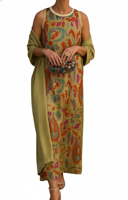 Women's Sleeveless Maxi Dress and Coat Set with Floral Print