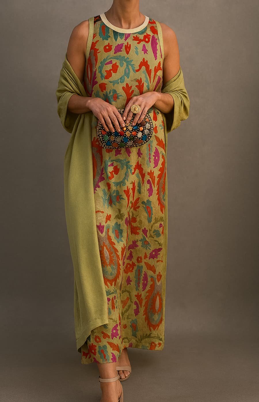 Women's Sleeveless Maxi Dress and Coat Set with Floral Print