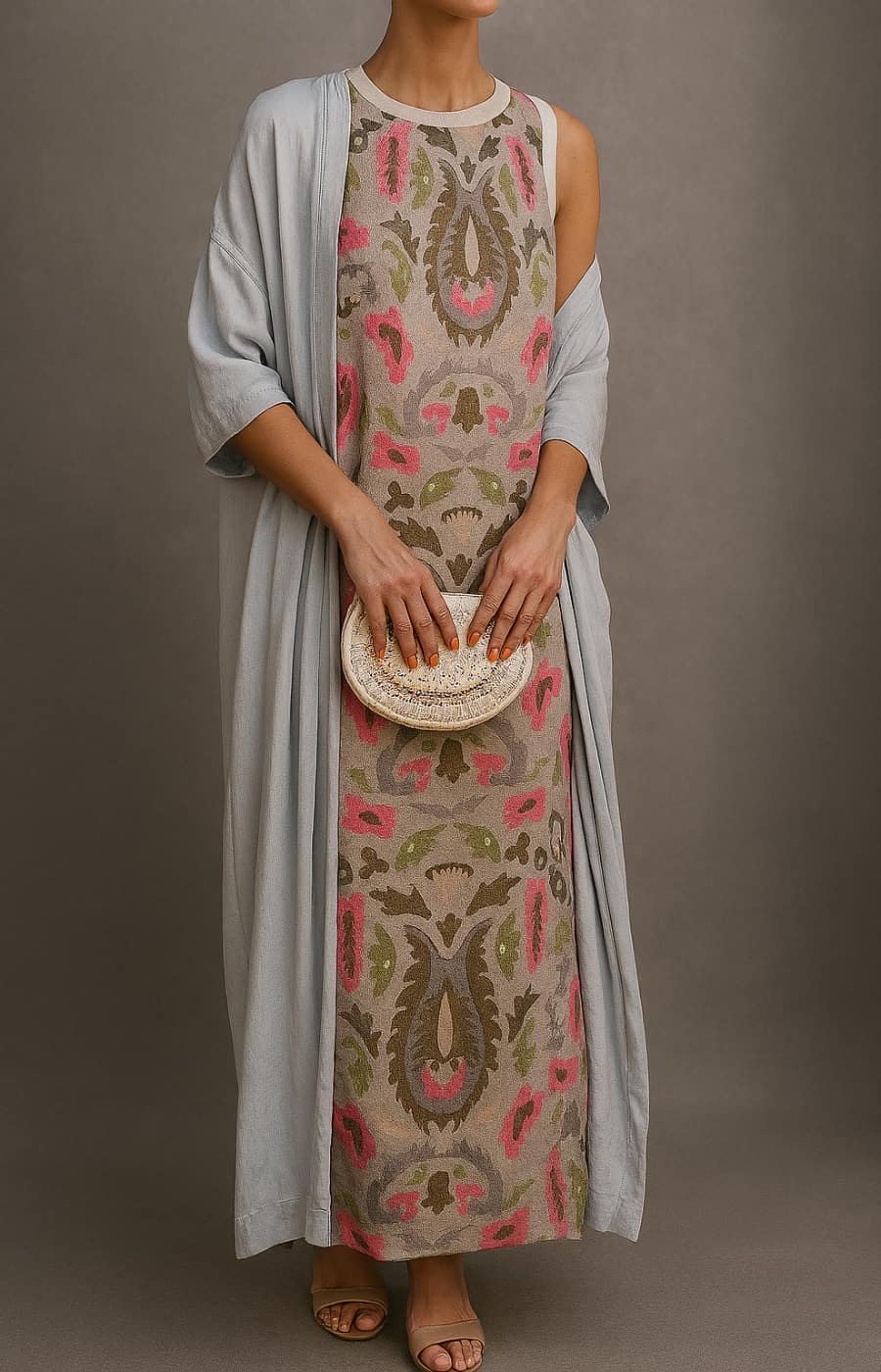 Women's Sleeveless Maxi Dress and Coat Set with Floral Print