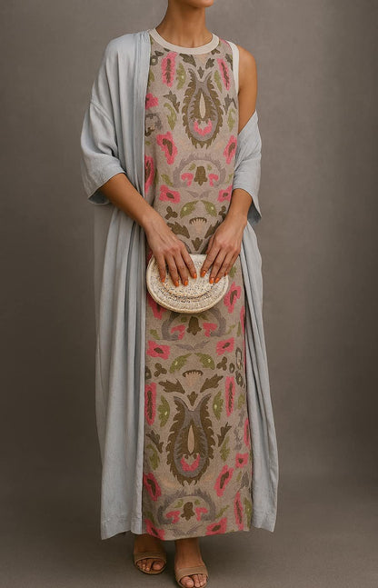 Women's Sleeveless Maxi Dress and Coat Set with Floral Print
