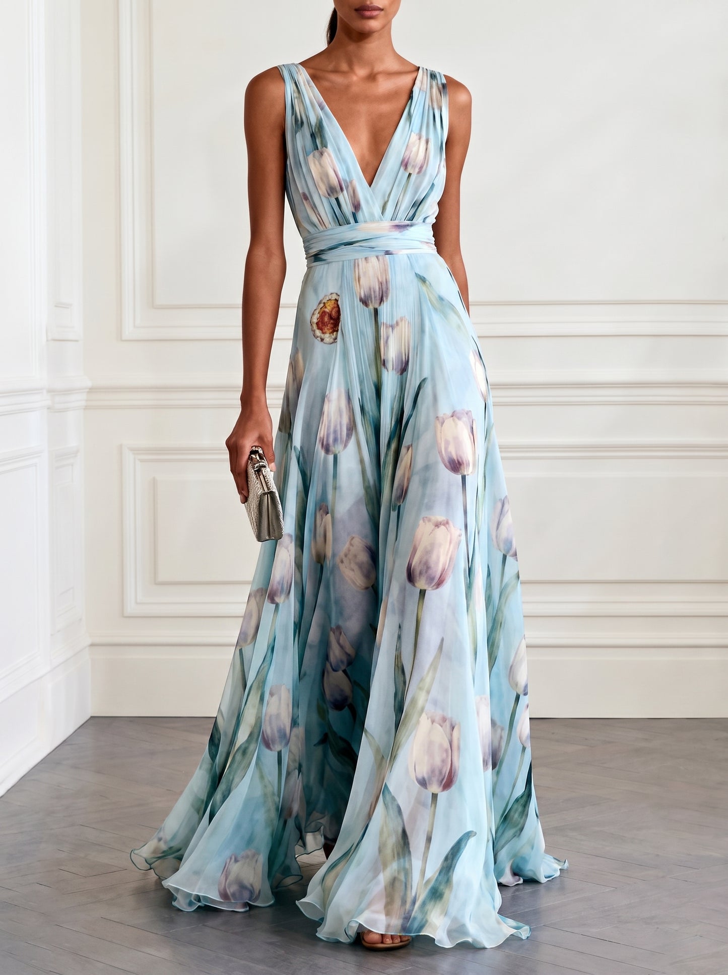 Women's Sleeveless Maxi Dress with Deep V-Neck, Tulip Floral Print and A-line Skirt