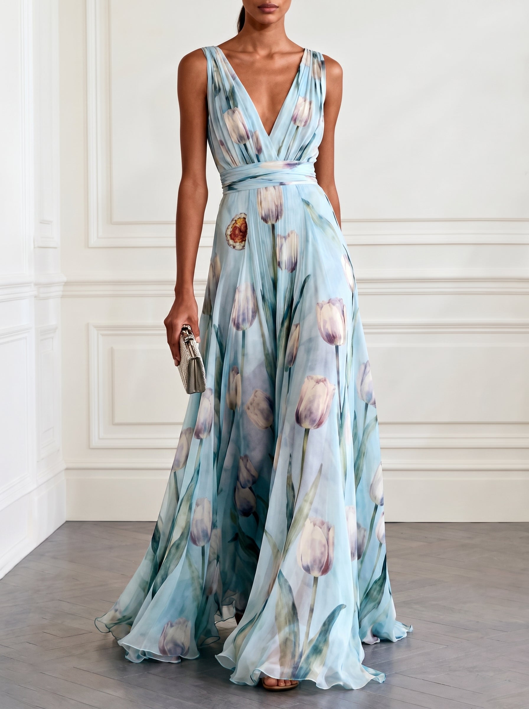 Women's Sleeveless Maxi Dress with Deep V-Neck, Tulip Floral Print and A-line Skirt