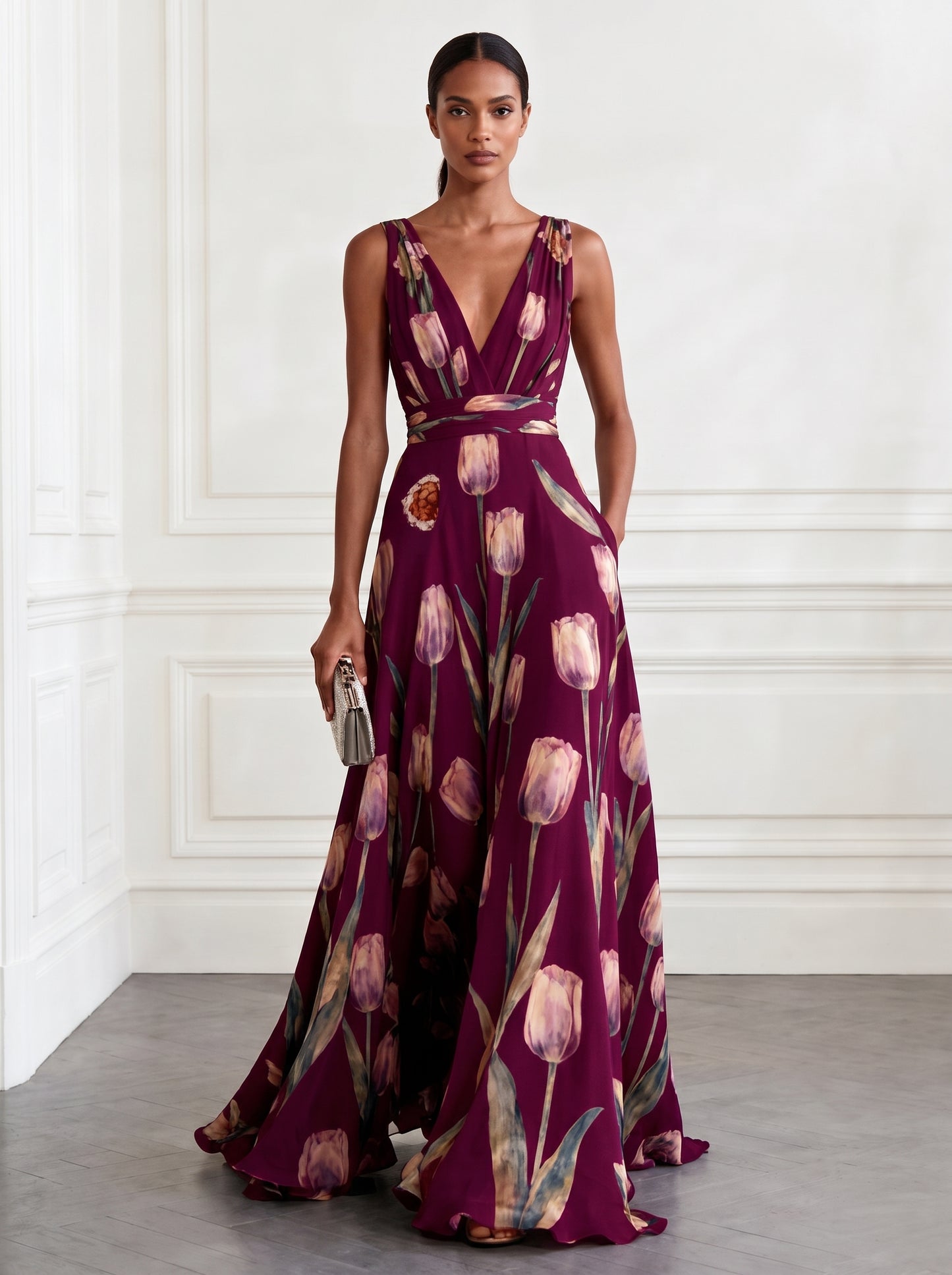 Women's Sleeveless Maxi Dress with Deep V-Neck, Tulip Floral Print and A-line Skirt