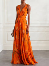Women's Sleeveless Maxi Dress with Deep V-Neck, Tulip Floral Print and A-line Skirt