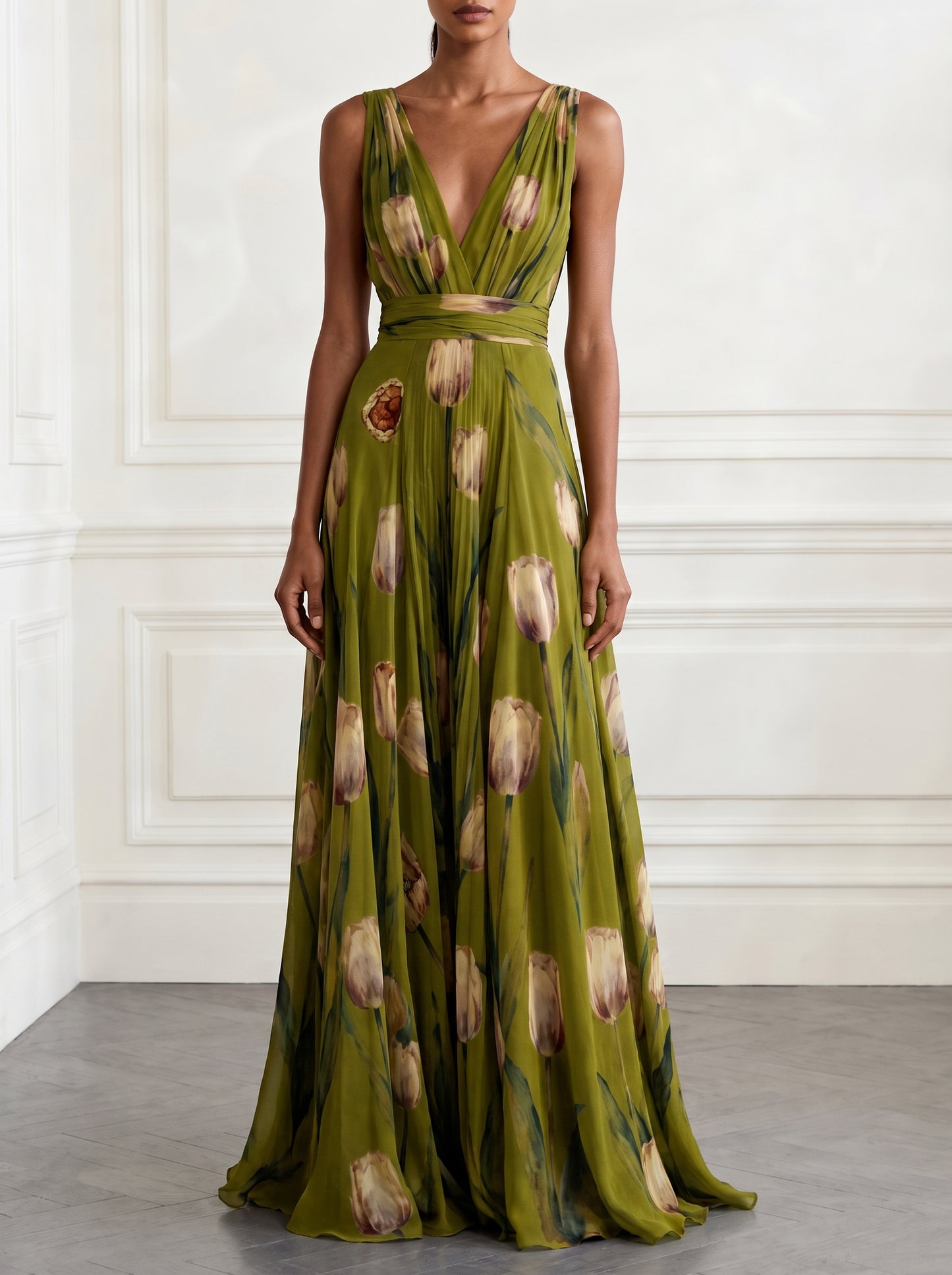 Women's Sleeveless Maxi Dress with Deep V-Neck, Tulip Floral Print and A-line Skirt