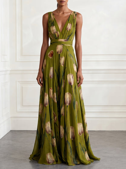 Women's Sleeveless Maxi Dress with Deep V-Neck, Tulip Floral Print and A-line Skirt