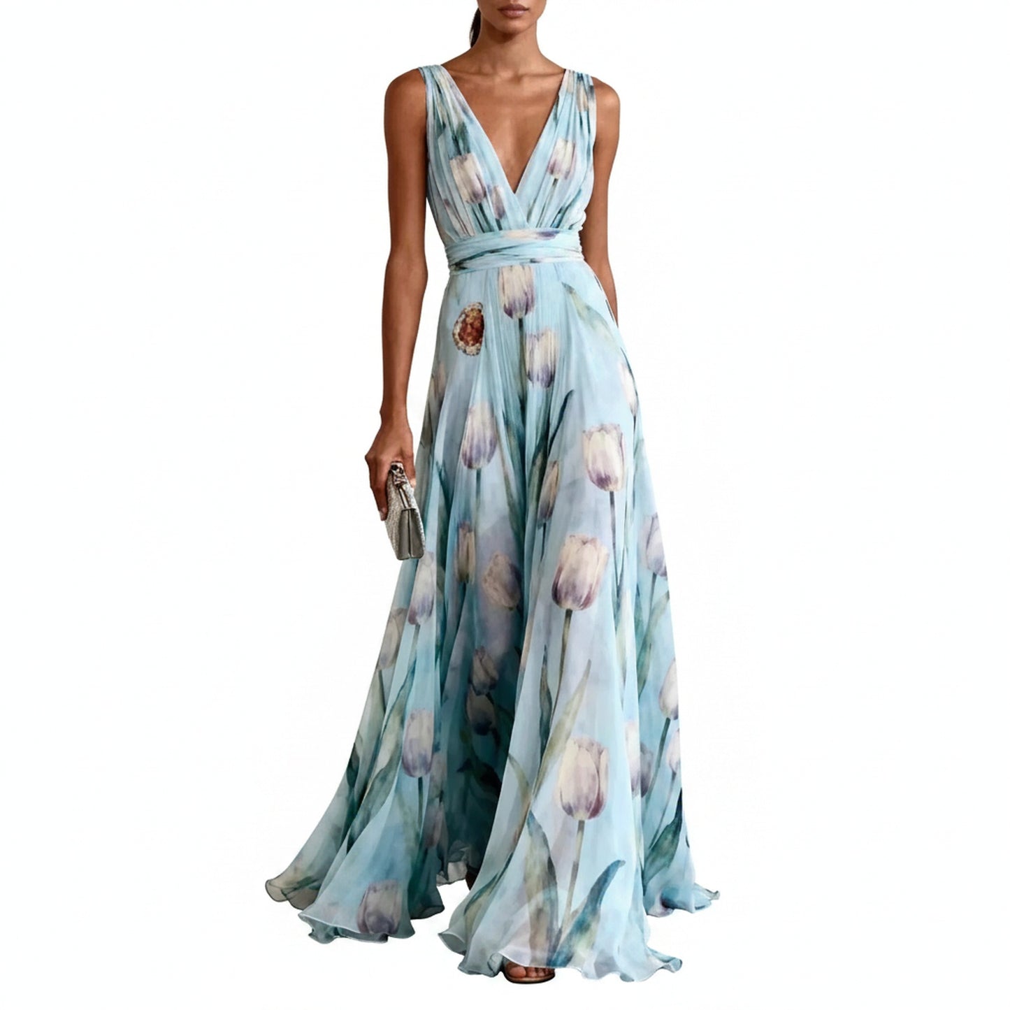 Women's Sleeveless Maxi Dress with Deep V-Neck, Tulip Floral Print and A-line Skirt