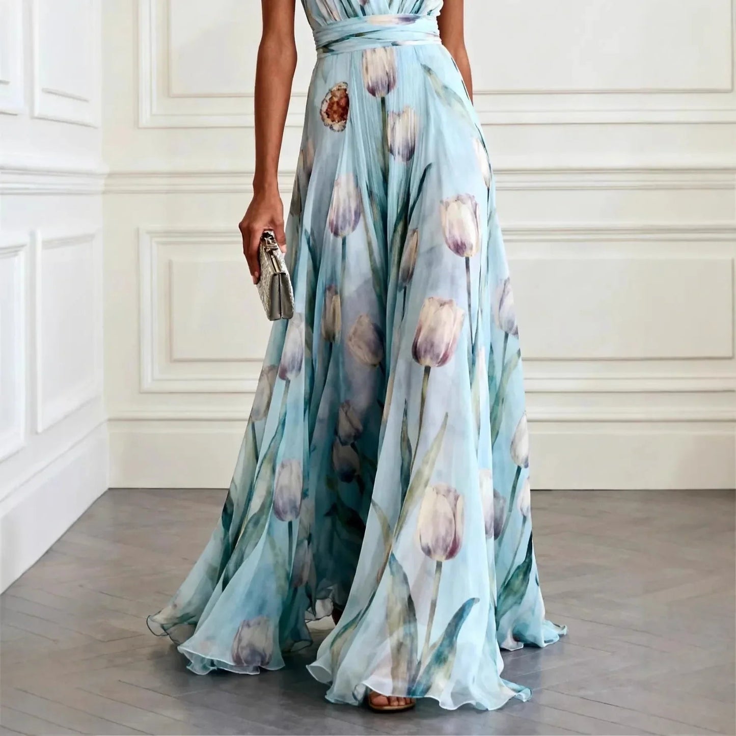 Women's Sleeveless Maxi Dress with Deep V-Neck, Tulip Floral Print and A-line Skirt