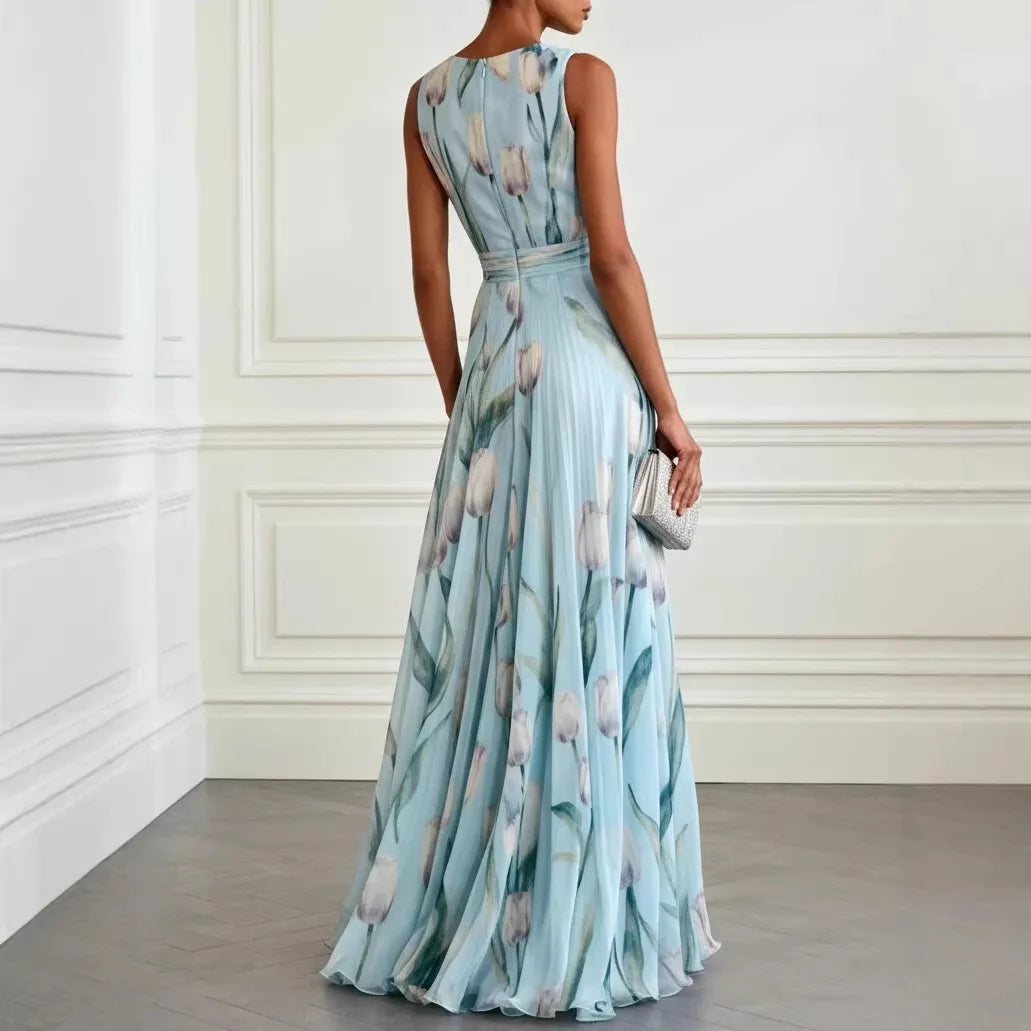 Women's Sleeveless Maxi Dress with Deep V-Neck, Tulip Floral Print and A-line Skirt