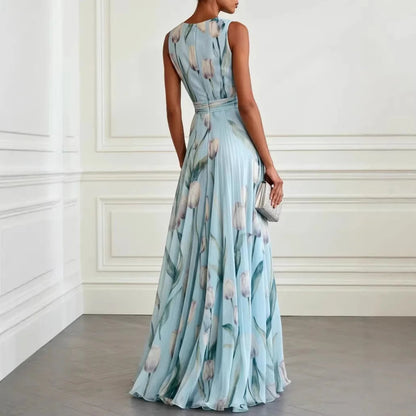 Women's Sleeveless Maxi Dress with Deep V-Neck, Tulip Floral Print and A-line Skirt