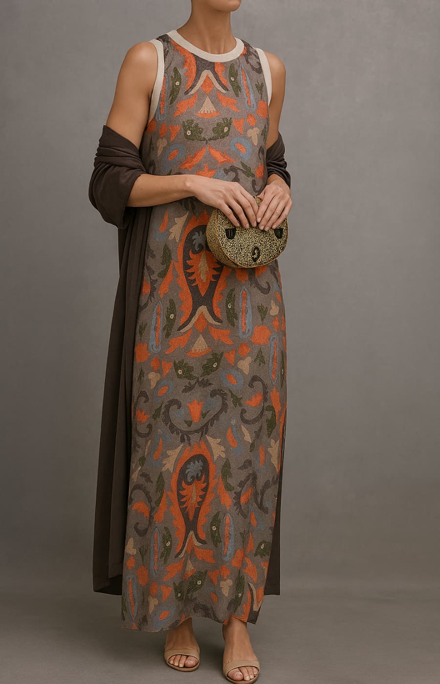 Women's Sleeveless Maxi Dress with Open Front Coat Set and Floral Print