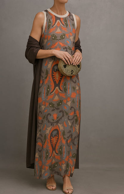 Women's Sleeveless Maxi Dress with Open Front Coat Set and Floral Print
