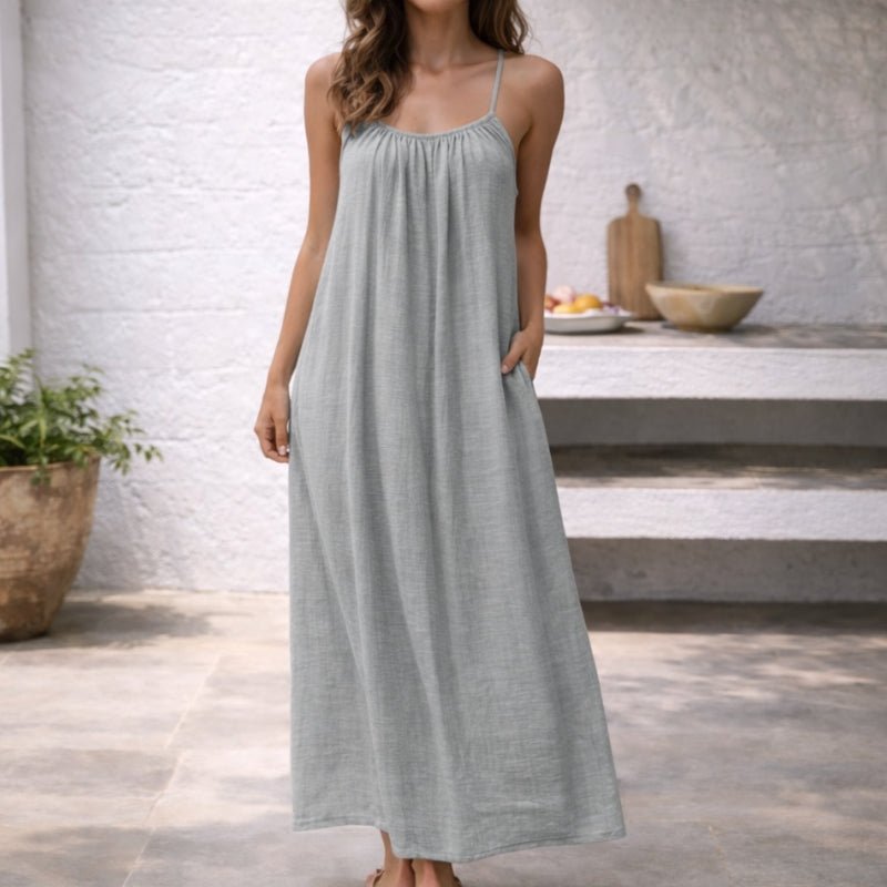 Women's Sleeveless Maxi Dress with Spaghetti Straps, Open Back and Side Pockets