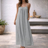 Women's Sleeveless Maxi Dress with Spaghetti Straps, Open Back and Side Pockets