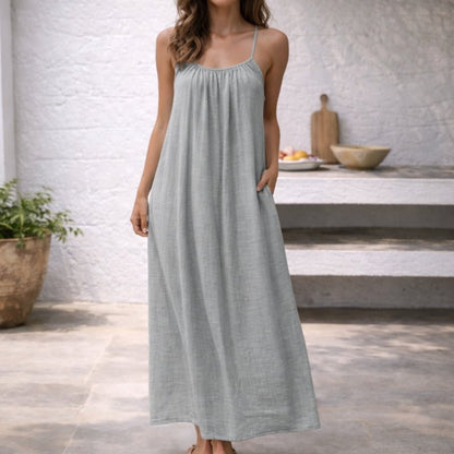 Women's Sleeveless Maxi Dress with Spaghetti Straps, Open Back and Side Pockets