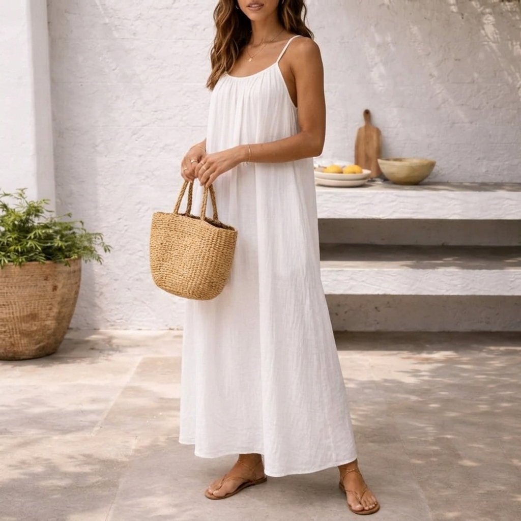 Women's Sleeveless Maxi Dress with Spaghetti Straps, Open Back and Side Pockets