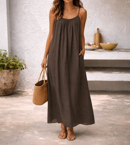 Women's Sleeveless Maxi Dress with Spaghetti Straps, Open Back and Side Pockets