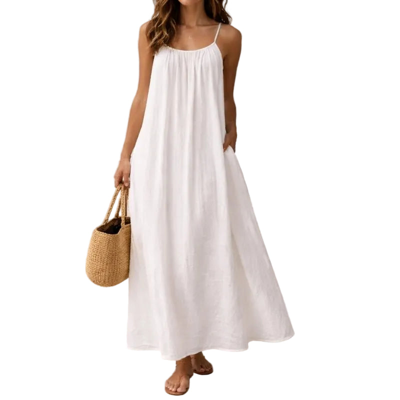 Women's Sleeveless Maxi Dress with Spaghetti Straps, Open Back and Side Pockets