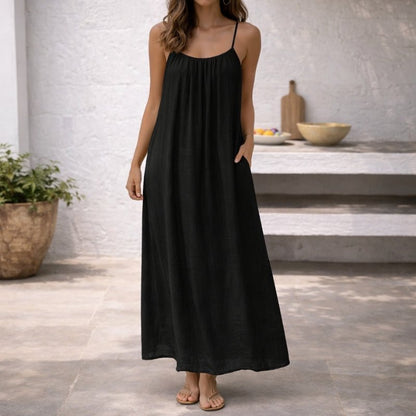 Women's Sleeveless Maxi Dress with Spaghetti Straps, Open Back and Side Pockets