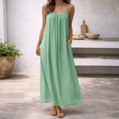 Women's Sleeveless Maxi Dress with Spaghetti Straps, Open Back and Side Pockets