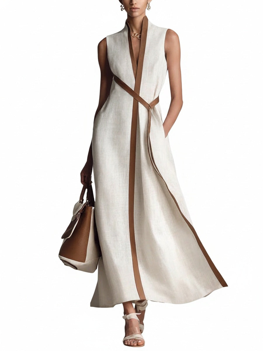 Women's Sleeveless Maxi Dress with V-Neck, Contrast Trim and A-Line Silhouette