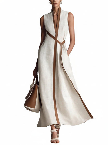 Women's Sleeveless Maxi Dress with V-Neck, Contrast Trim and A-Line Silhouette